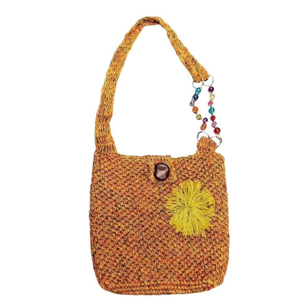 Woven Colorful Straw Crossbody Shoulder Bag with Gem Detail Strap